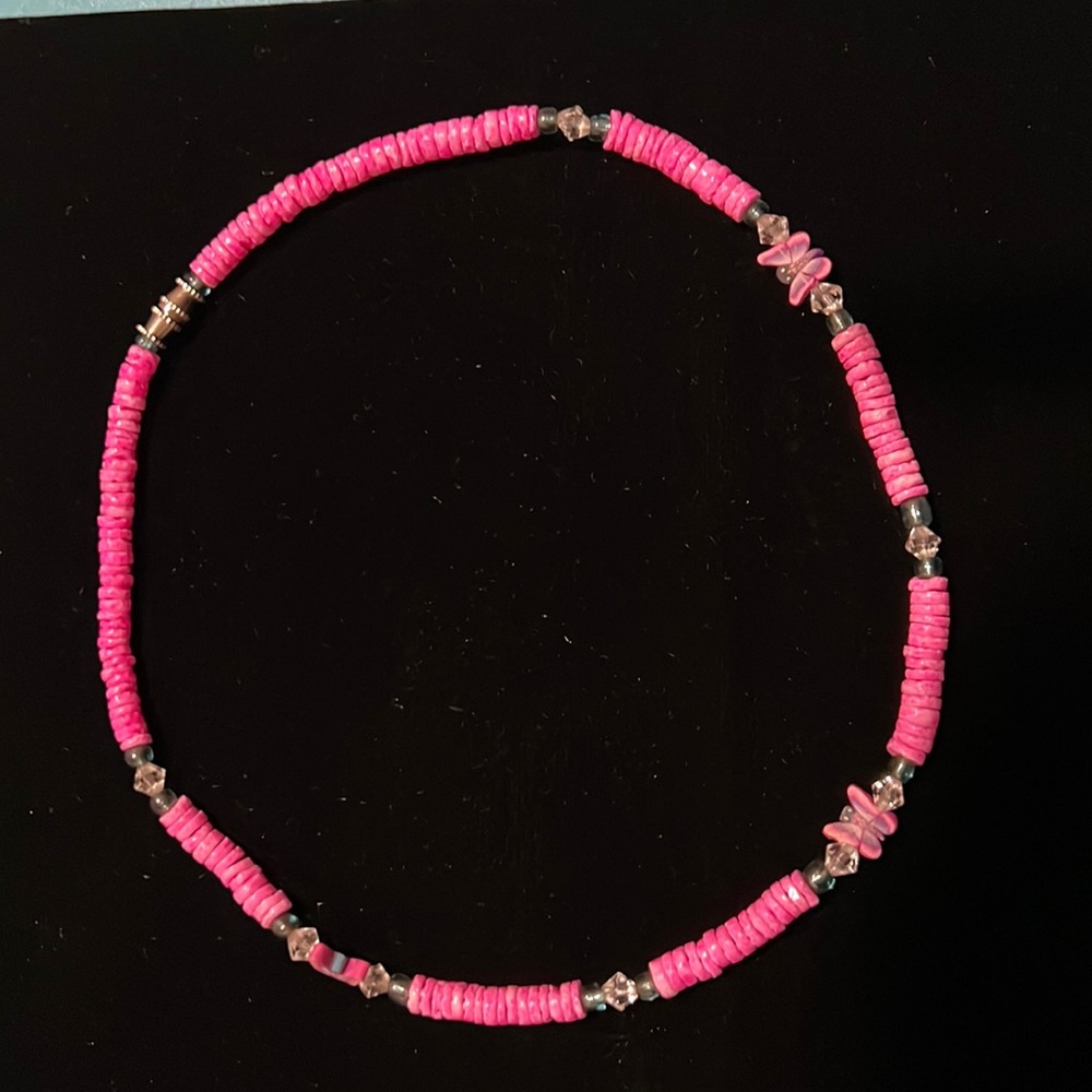 Beach Butterfly Shell Choker Necklace with Gems, Pink, Some Purple, Clear, Blue